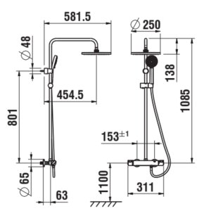 Sistema dušo Laufen CityPro, termostatinė, su lietaus dušo galva (Ø 250 mm), su dušo komplektu