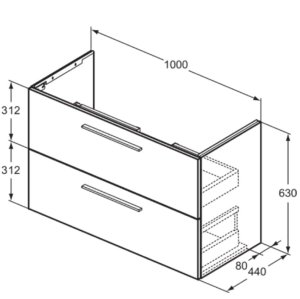 Spintelė Ideal Standard I.Life A, matmenys: 1000x440x630, 2 stalčiai, balta matinė, be rankenėlių