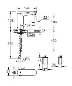 Sensorinis praustuvo maišytuvas GROHE Eurosmart Cosmopolitan E, su temperatūros reguliavimo rankenėle, 6V, chromo spalvos 