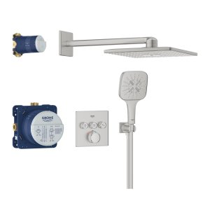 Potinkinis termostatinis dušo komplektas Grohe Smartcontrol su kvadratine galva 310, metalinė žarna nerūdijančio plieno spalva