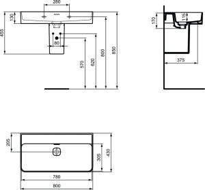 Praustuvas Ideal Standard Strada II, matmenys 1200x430x170mm, be skylės maišytuvui, su persipylimu
