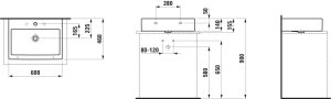 Praustuvas Laufen LIVING 600x460x155 mm, baldinis, šlifuota apačia, su 3 angomis maišytuvui