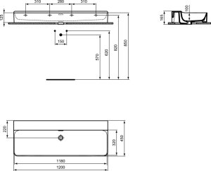 Praustuvas Ideal Standard Conca, matmenys:1200x450x165mm, šlifuota apačia, be skylės maišytuvui, su persipylimu