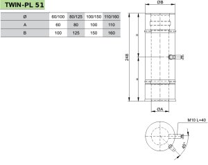 Cinkuoto plieno ir polipropileno dūmtraukis su matavimų kiauryme JEREMIAS TWIN-PL51 Dn60/100x0,25m