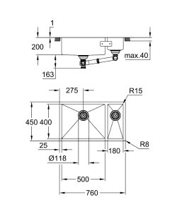 Plautuvė GROHE K700U 80S 76x45 universali, 2 dubenys, su užkemšamu ventiliu, nerūdijantis plienas