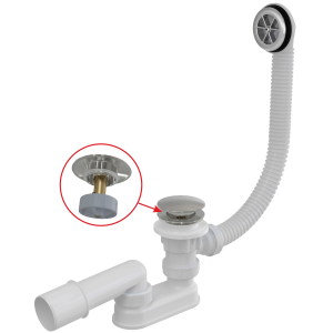 Vonios sifonas Alcadrain A505CKM su perpylimo sistema, CLICK/CLACK mechanizmu, prailgintas, su metalo spalvos dangteliais, 80 cm