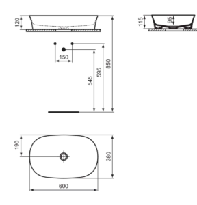 Praustuvas-dubuo Ideal Standard Ipalyss Oval, matmenys: 600x380x120mm, be persipylimo, baltas, be dugno vožtuvo
