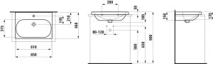 Praustuvas Laufen LUA 650x460x180 mm, šlifuota apačia, su 1 anga maišytuvui viduryje