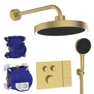 Dušo sistema IDEAL STANDARD Ceratherm Navigo Solos, 300mm dušo galva, 3 funkcijos, 400mm dušo alkūnė, apšvietimas, šlifuotas auksas (brushed gold)