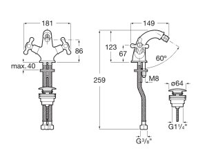 Maišytuvas bidė Roca Carmen, su dugno vožtuvu, su dviem rankenėlėm