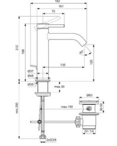 Maišytuvas praustuvui Ideal Standard Ceraline Nuovo, su dugno vožtuvu, H120, spalva - juodas matinis