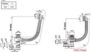 Vonios sifonas Ravak su perpylimo sistema, DN 40/50,  570 mm, su juodos spalvos dangteliais
