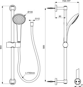 Dušo komplektas Ideal Standard IdealRain Soft, Ø100mm galva, 600mm stovas, 1750mm žarna, spalva - juoda matinė