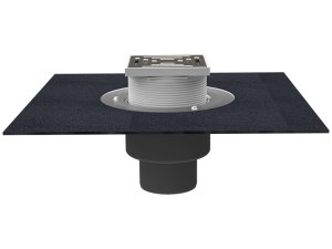 Įlaja DN160 su bituminiu flanšu, drenažiniu žiedeliu,  trapu viršuje: 148x148mm/ 137x137mm