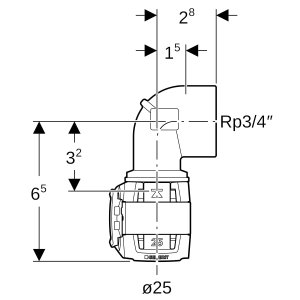 Alkūnė 90° vidinis sriegis bronza d25mm, R3/4, Geberit Flowfit