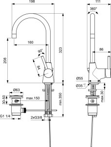 Maišytuvas praustuvui Ideal Standard Ceraline, aukštas, su dugno vožtuvu