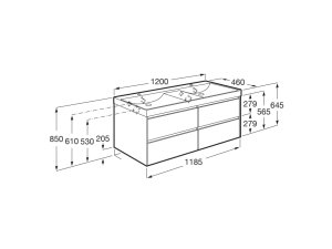 Spintelė su praustuvu Roca UNIK ONA 1200x460x645 mm, 4 stalčiai, dvigubas praustuvas, spintelės spalva - balta matinė