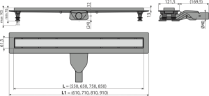 Dušo latakas Alcadrain APZ2012-OPTION6, 750 mm, plastikinis, su nerūdijančio plieno arba plytelei įklijuoti skirtomis grotelėmis, su sukiojamu horizontaliu sifonu Ø40mm  