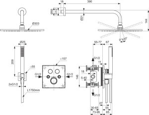 Ideal Standard Ceratherm Navigo potinkinė termostatinė sistema: 300x300mm metalinė galva, rankinis dušas, alkūnė su laikikliu, 400mm sieninė alkūnė