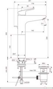 Maišytuvas praustuvui-dubeniui Ideal Standard Ceraflex, aukštas, su dugno vožtuvu