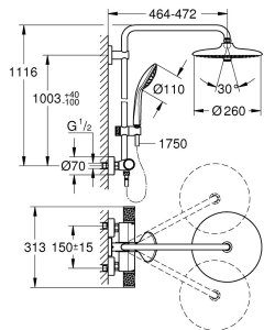 Sistema dušo termostatinė Grohe Euphoria 260 3 srovės  9.5l/min juodos spalvos