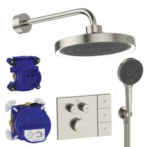 Dušo sistema IDEAL STANDARD Ceratherm Navigo Solos, 300mm dušo galva, 3 funkcijos, 400mm dušo alkūnė, apšvietimas, šlifuotas sidabras (silver storm)