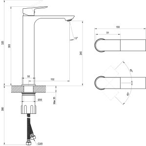 Praustuvo maišytuvas Plan PN 015.20, 300 mm, šlifuoto grafito spalvos