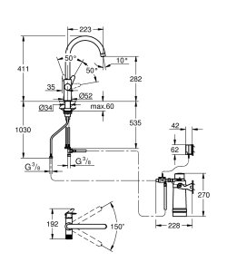 Plautuvės maišytuvo su vandens filtru komplektas GROHE Blue Pure BauCurve, chromo spalvos 