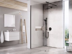 Stacionari dušo sienelė Ravak Walk in Wall 110 cm, juodu profiliu, skaidriu stiklu, su laikikliu komplekte