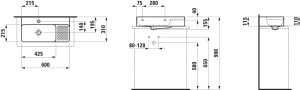 Praustuvas Laufen VAL Compact, matmenys: 600x310 x115mm, lentynėlė dešinėje, šlifuota apačia, su 1 sk. maišytuvui