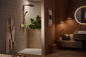 Termostatinė dušo sistema HANSGROHE Raindance Alive Q 210/340, 2 srovių, spalva - šlifuotos bronzos (brushed bronze)