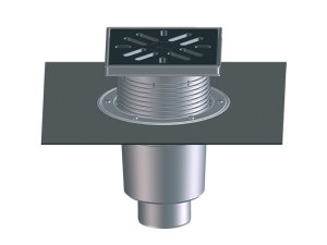 Dvigubas trapas Perfekt DN110, vertikalus, 240x240 PP rėmas, su bituminiu flanšu, PP grotelės 226x226mm, su neužšąlančiu sifonu, 1,5t