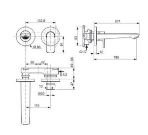 Maišytuvas praustuvui iš sienos Ideal Standard Connect Air, 2 dalių, spalva -chromas, snapo ilgis 185 mm. Reikalinga potinkinė dalis  A5948NU