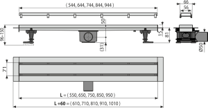 Dušo latakas Alcadrain APZ13-DOUBLE9 Fit and Go, su grotelėmis plytelei įklijuoti, 650 mm, nerūdijantis plienas
