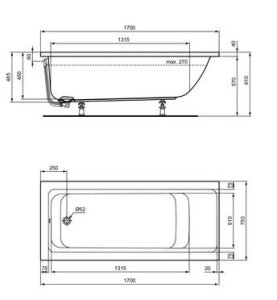 Vonia Ideal Standard Connect Air, matmenys 1700x750x465mm, įleidžiama, talpa 270l
