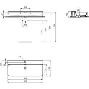 Praustuvas Ideal Standard Conca, matmenys 100x45x16,5 cm, šlifuota apačia, skirtas montuoti ant stalviršio.