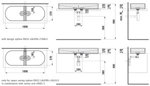 Praustuvas-dubuo Laufen SONAR, 1000x370x130 mm, dvigubas, su tekstūra, be vietos maišytuvo tvirtinimui, spalva - balta LCC (LAUFEN Clean Coat)