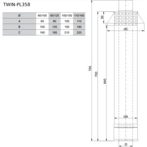 Cinkuoto plieno ir polipropileno dūmtraukis su vertikaliu antgaliu JEREMIAS TWIN-PL358 Dn80/125x0,75m