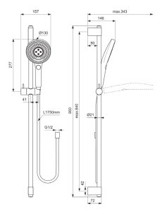Dušo komplektas Ideal Standard Idealrain Solos. Komplekte: dušo galva 130mm, stovas 900mm, žarna 1750mm