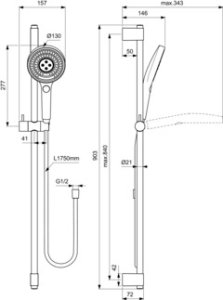 Dušo komplektas Ideal Standard Idealrain Solos. Komplekte: dušo galva 130mm, stovas 900mm, žarna 1750mm, spalva - juoda matinė