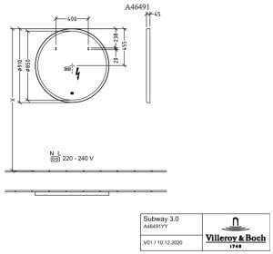 Veidrodis Subway 3.0 Ø910 LED, baltas matinis