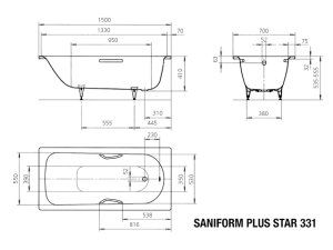 Vonia Saniform Plus Star 331 150x70, easy clean danga, antislip danga, su skylėmis rankenoms