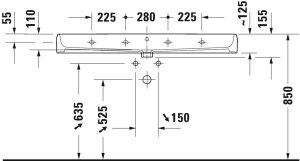 Praustuvas Qatego 1200x470, dvi skylės maišytuvui