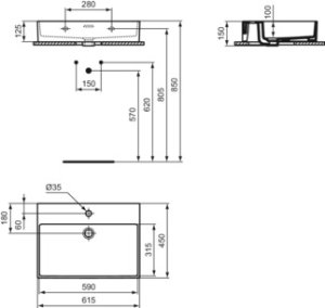 Praustuvas Ideal Standard Extra, matmenys: 615x450x150mm, montuojamas ant stalviršio (šlifuota apačia) arba ant sienos