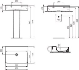 Praustuvas Ideal Standard Conca, matmenys: 600x450x145mm, šlifuota apačia, be skylės maišytuvui, be persipylimo