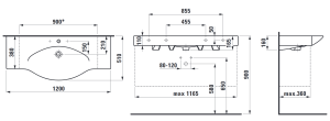 Praustuvas Laufen PALACE, 1200x510x110 mm, baldinis, su 3 angomis maišytuvui