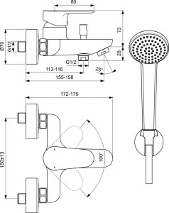 Komplektas vonios/dušo Ideal Standard Cerfine O: virštinkinis maišytuvas+dušo komplektas(rankinė dušo galva, laikiklis, žarna), spalva-matinė juoda              