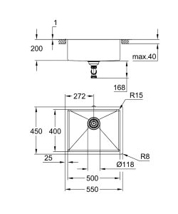 Plautuvė GROHE K700U 60 55x45, universaliai montuojama, nerūdijančio plieno spalvos 