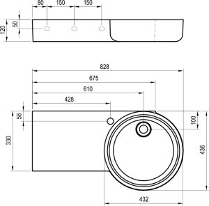 Praustuvas Ravak ARC 830x430 mm, kairinis variantas. Su anga praustuvo maišytuvui. 