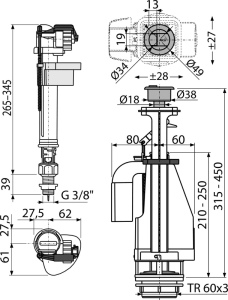 Vandens nuleidimo ir pripildymo per apačią mechanizmo komplektas Alcadrain SA08AS 3/8" CHROM, su dvigubu mygtuku